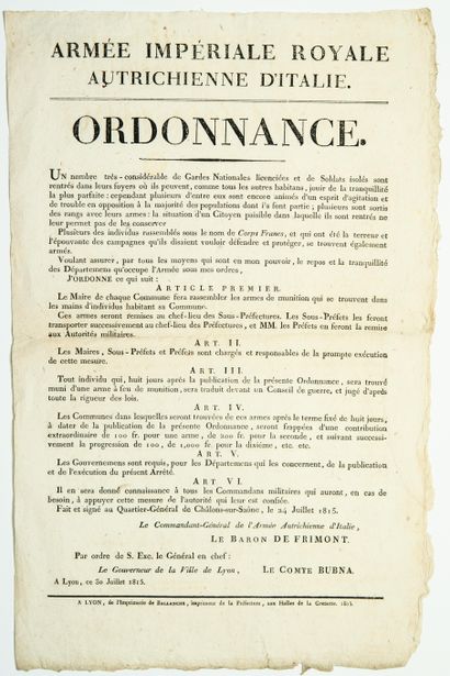 null LYON (69) OCCUPÉ, 1815. Ordonnance du Baron de FRIMONT Commandant-Général de...