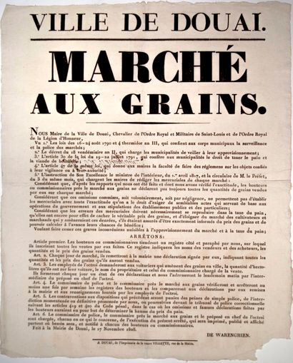 null VILLE DE DOUAI (NORD). 1828. « MARCHÉ AUX GRAINS. » Arrêté du Maire DE WARENGHIEN,...