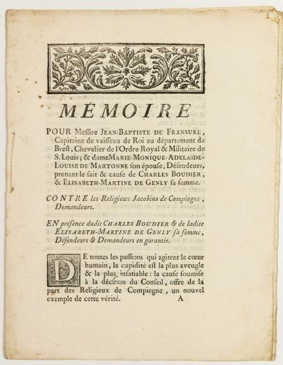 null OISE. COMPIÈGNE (60). « Mémoire (de procès) pour Messire Jean-Baptiste De FRANSURE,...
