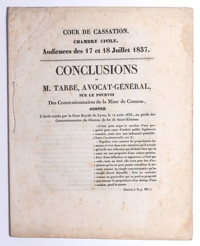 null RHÔNE. MINES de COUZON-AU-MONT-D’OR (69). Imprimé de la Cour de Cassation. Audiences...