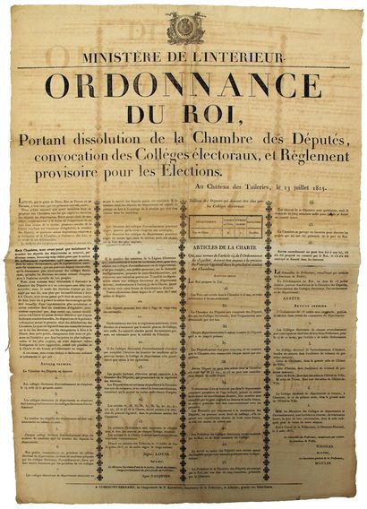 null PUY-DE-DÔME. 1815. «ORDONNANCE DU ROI (LOUIS XVIII), portant DISSOLUTION de...