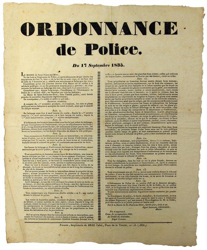 null CALVADOS. 1835. Arrêté du Maire de ST PIERRE SUR DIVE. Ordonnance de police...
