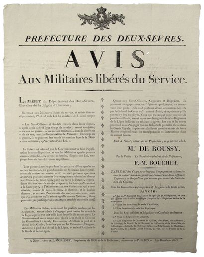 null DEUX-SÈVRES. 1823. Avis aux Militaires libérés du Service, qui portent la dénomination...
