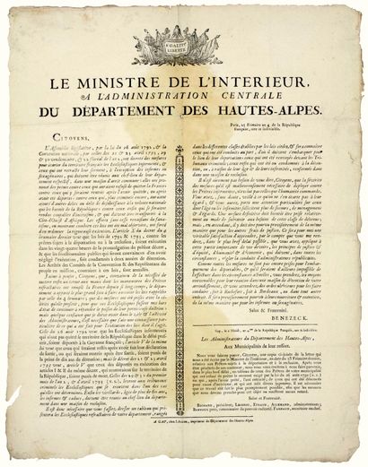 null HAUTES-ALPES. 1795. (DÉPORTATION DES PRÊTRES INSERMENTÉS.) Lettre de Pierre...