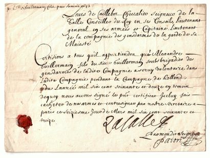 null CAILLEBOT DE LA SALLE. Certificat signé Louis de CAILLEBOT Chevalier, Seigneur...