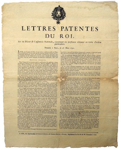 null ABOLITION DES LETTRES DE CACHET. BOUCHES-DU-RHÔNE. 1790. « Lettre Patentes du...