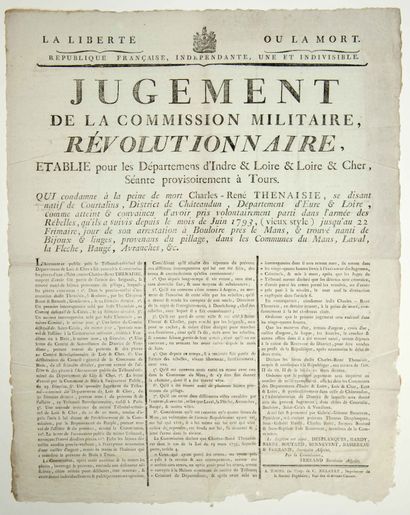 null (CHOUANS.) Placard (53 x 42) « JUGEMENT DE LA COMMISSION MILITAIRE RÉVOLUTIONNAIRE,...