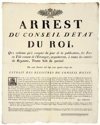 null BOURGOGNE. 1781. FERS. DOUANE. “Arrest du Conseil d’Etat du ROI, qui ordonne...