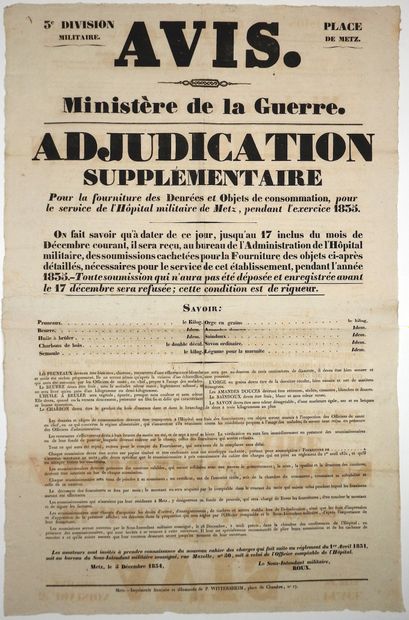 null MOSELLE. PLACE DE METZ 5 Décembre 1834 - AVIS du Ministère de la Guerre. « Adjudication...