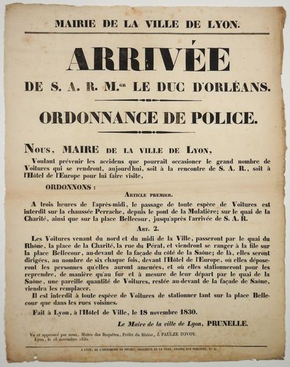 null MAIRIE DE LYON. 1830. “Ordonnance de police concernant L’ARRIVÉE de S.A.R. Mgr...