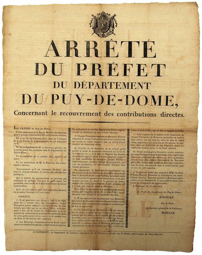 null CENT-JOURS de 1815. PUY-DE-DÔME. Arrêté de ROGNIAT Préfet du Puy-de-Dôme, concernant...