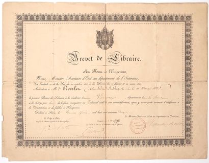 null BREVET de LIBRAIRE, Second Empire, décerné le 1er juin 1870 à Alexandre Prudent...