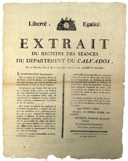 null CALVADOS. 1795. “Extrait du Registre des Séances du Département du CALVADOS,...