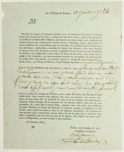 null MAINE-ET-LOIRE. 1784. Comte de SERRANT. Lettre en partie imprimée venant du...