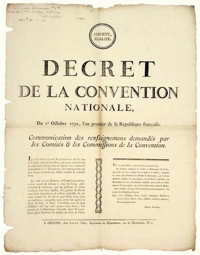 null LOIRET. 1792. ROLAND DANTON. Décret de la Convention Nationale, du 1er Octobre...