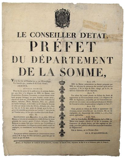 null SOMME. 1820. Arrêté du Conseiller d’État, Préfet de la Somme Comte L. d’ALLONVILLE,...