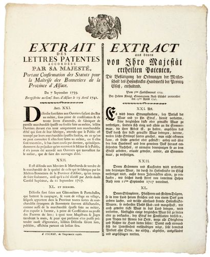 null BONNETIERS D’ALSACE. 1741. COLMAR (68) - « Extrait des Lettres patentes accordées...