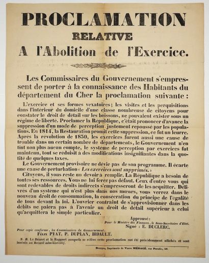 null CHER. 1848. « Proclamation relative à L’ABOLITION DE L’EXERCICE. » « Les Commissaires...