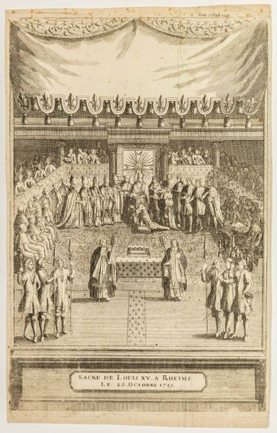 null « SACRE DE LOUIS XV À REIMS » (51) le 25 Octobre 1723. Gravure à l’eau-forte,...
