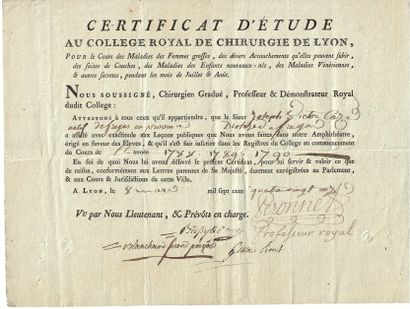 null LYON (69) 1791. “Certificat d’Étude du COLLÈGE ROYAL DE CHIRURGIE de LYON (69)”...