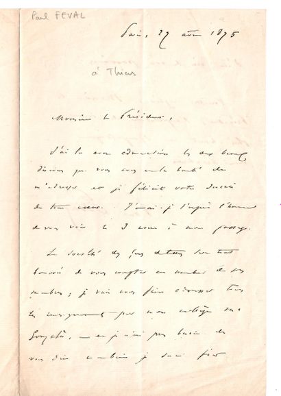 null Paul FÉVAL, Romancier et auteur dramatique (1817-1887) - .... Lettre A.S. à...