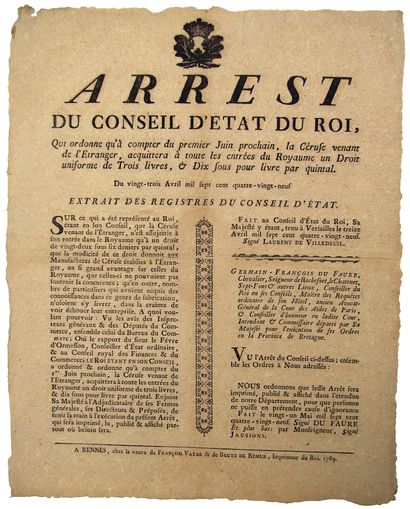 null BRETAGNE. 1789. FABRIQUE DE BLANC DE CÉRUSE. RENNES (35). Arrêt du Conseil d’État...