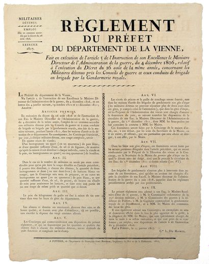 null VIENNE. 1817. MILITAIRES DÉTENUS. Règlement du Préfet de la Vienne, Comte DU...