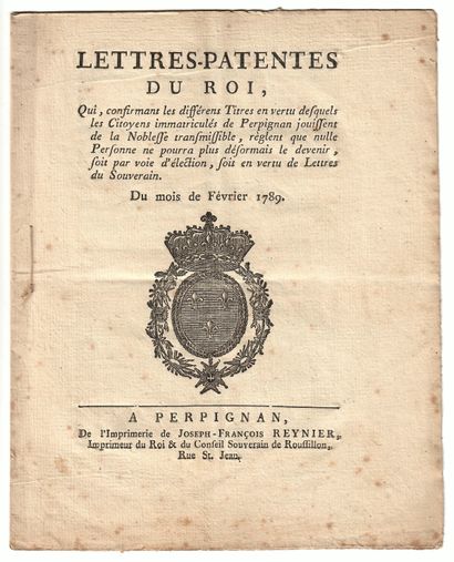 null PERPIGNAN (66). 1789. NOBLESSE TRANSMISSIBLE. « Lettres patentes du Roi (Louis...