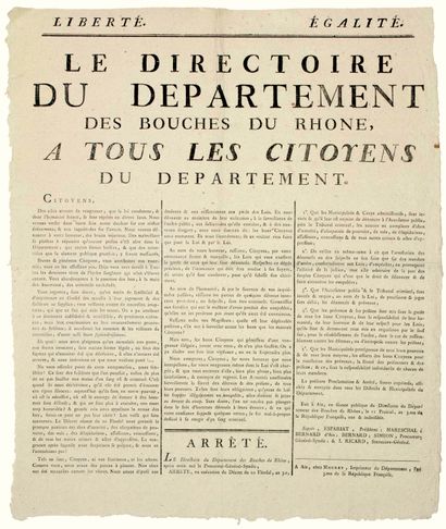null BOUCHES-DU-RHÔNE. AN 3. DÉNONCIATIONS. “Le DIRECTOIRE du Département des BOUCHES-DU-RHÔNE,...