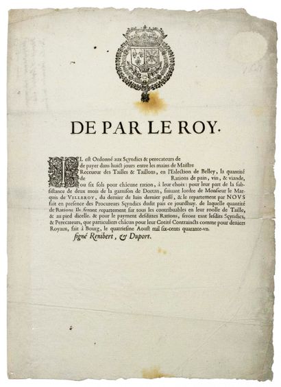 null BELLEY (Ain) 1641. De par le Roy LOUIS XIII, Il est ordonné de payer dans 8...