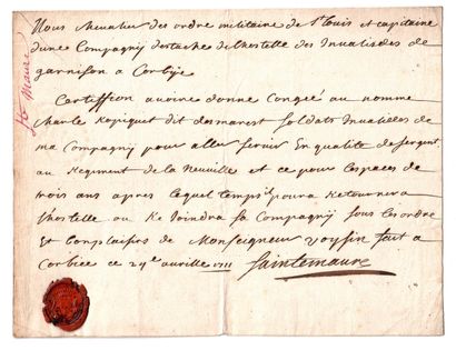 null SOMME. 1711. CORBIE. Certificat de services signé SAINTEMAURE, chevalier des...