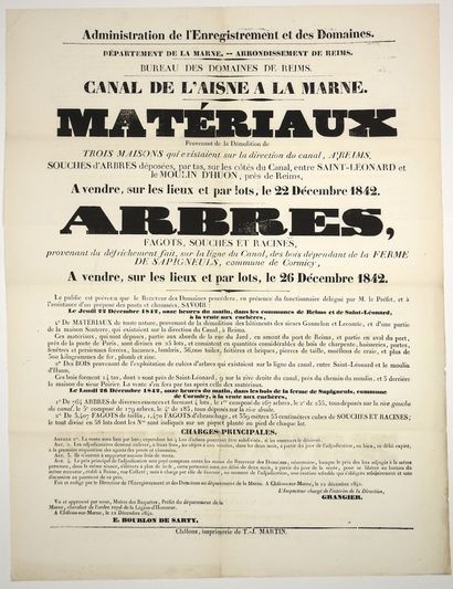 null " CANAL DE L'AISNE A LA MARNE ". 1842. Bureau des Domaines de REIMS (51) - "Materials...