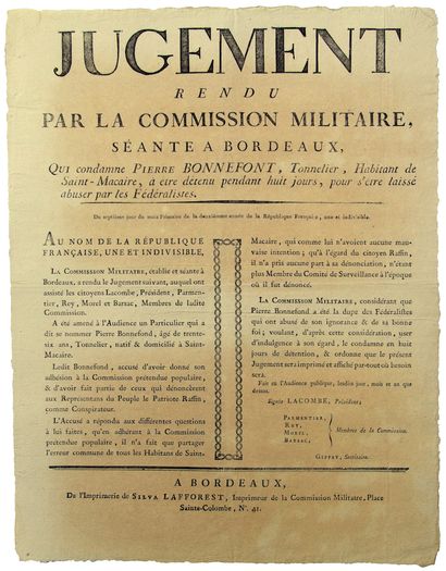 null GIRONDE. 1793. « Jugement rendu par la Commission Militaire séante à BORDEAUX,...