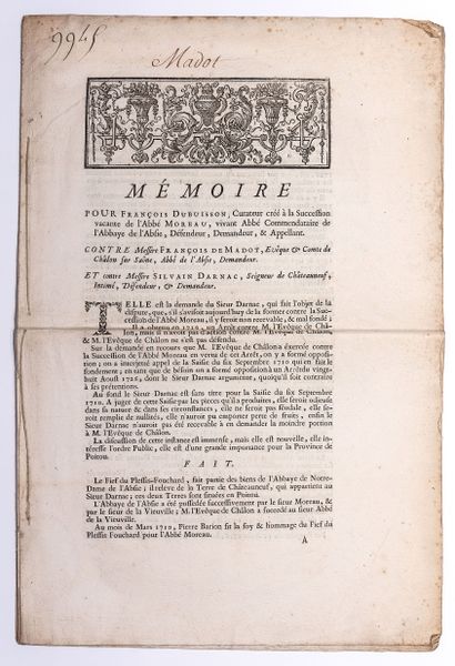 null ABBAYE DE L’ABSIE DANS LES DEUX-SÈVRES. « Mémoire (de procès) pour François...