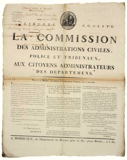 null PARIS. 1795. BORDEAUX. (ÉTRANGERS RÉSIDENTS EN FRANCE). « LA COMMISSION des...