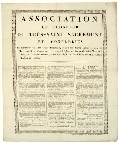 null NORD. LILLE 3 juillet 1814. ASSOCIATION en l’Honneur du Très-Saint Sacrement...