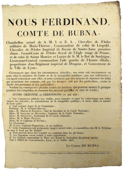null LYON (69) 27 juillet 1815. Ordonnance de « FERDINAND Comte de BUBNA Lieutenant-Général...