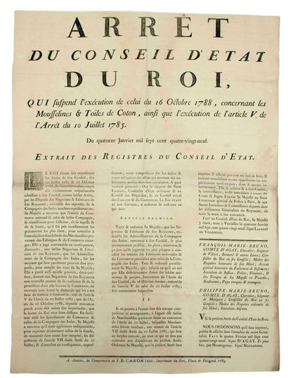 null TOILES DE LA COMPAGNIE DES INDES. 1789. PICARDIE. SOMME. Arrêt du Conseil d’État...