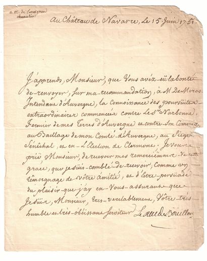null Château de NAVARRE, près d’ÉVREUX (Eure) 15 Juin 1751. Lettre signée Charles...