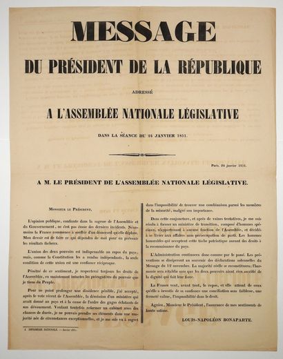 null 1851. MESSAGE DU PRÉSIDENT DE LA RÉPUBLIQUE LOUIS- NAPOLÉON BONAPARTE ADRESSÉ...