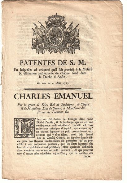 null DUCHÉ D’AOSTE - Patentes de CHARLES-EMMANUEL, Roi de Sardaigne, de Chypre, de...