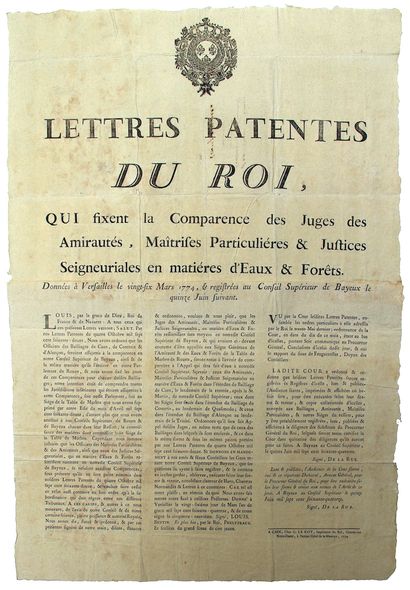 null CALVADOS. 1774. EAUX ET FORÊTS. « Lettre patentes du Roi, qui fixent la Comparence...