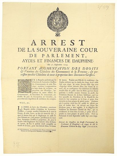 null DAUPHINÉ. 1729. “Arrest de la Souveraine Cour de Parlement, Aydes et Finances...