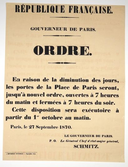 null SIÉGE DE PARIS, 1870. PORTES DE PARIS - ORDRE DU GOUVERNEUR DE PARIS "En raison...