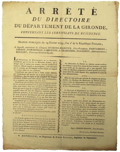 null GIRONDE. 1793. ÉMIGRATION. Arrêté du directoire du Département de la Gironde,...
