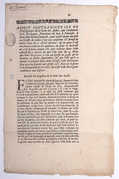 null PONTOISE (95). Arrêt de Nosseigneurs de la Cour des Aides, 28 May 1683. Qui...