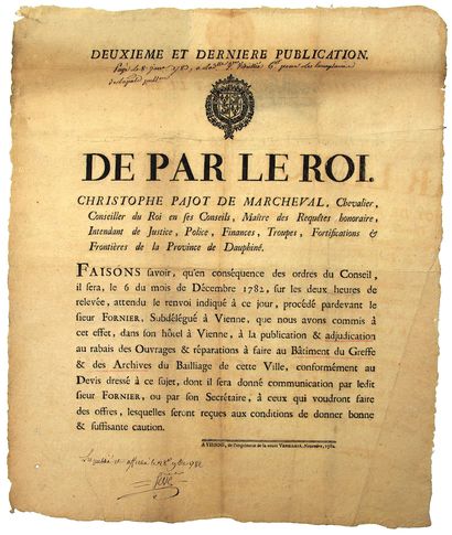 null VIENNE (Isère) 1782. 2° et dernière Publication Adjudication au rabais des Ouvrages...