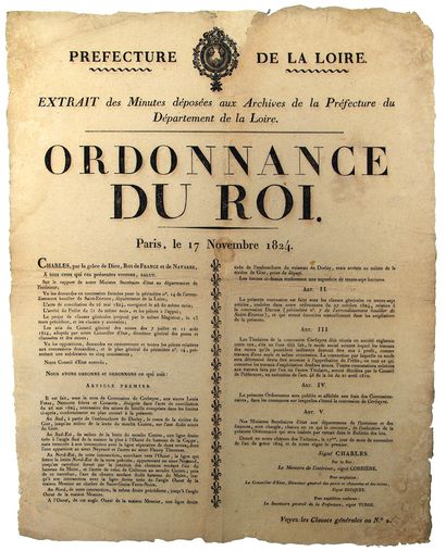 null MINE de HOUILLE. 1824. LOIRE. Ordonnance du Roi CHARLES X, du 17 novembre 1824....