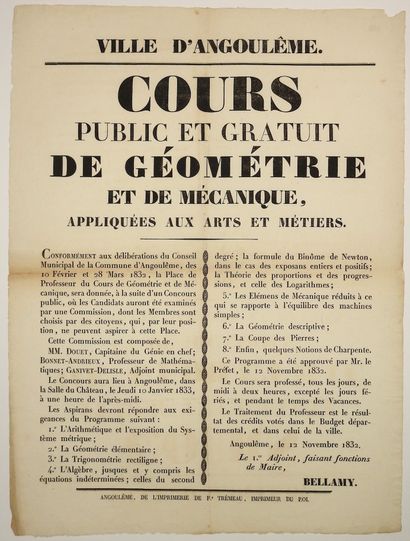 null CHARENTE. 1832. City of ANGOULÊME. "Public and free course of GEOMETRY and MECHANICS...