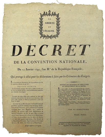 null SARTHE. 1793. ÉMIGRATION. Décret de la Convention Nationale du 13 janvier 1793,...